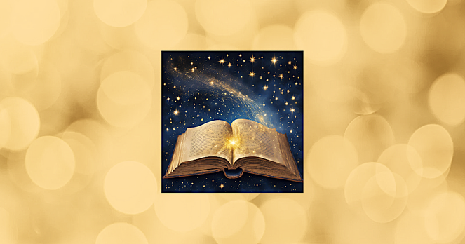 Symbolisches Bild eines offenen Buches, aus dem Licht und Sterne aufsteigen. Es steht für den Beginn einer persönlichen Buchreise und innere Transformation.